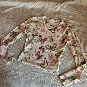 Altar'd State Butterfly Print Mesh Shirt - Cream and Pink